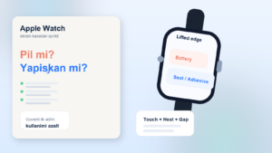 Kasadan hafif ayrılmış Apple Watch ekranı ve altında pil baskısı riskini anlatan teknik görsel