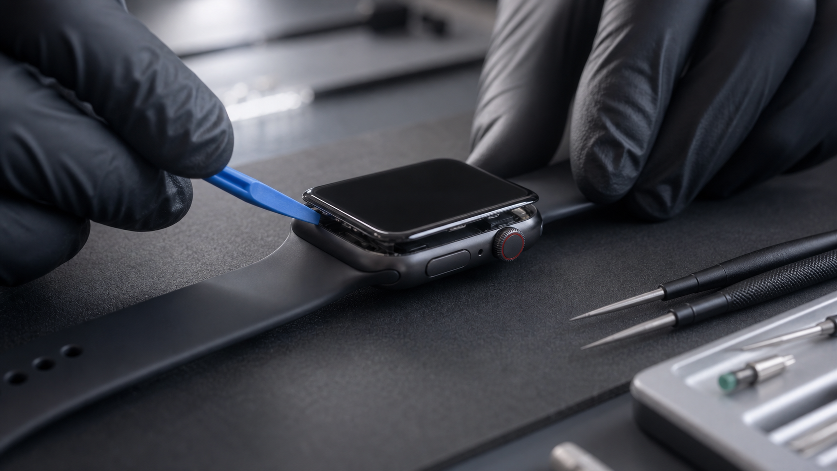 Kasadan hafif ayrılmış Apple Watch ekranı ve altında pil baskısı riskini anlatan teknik görsel