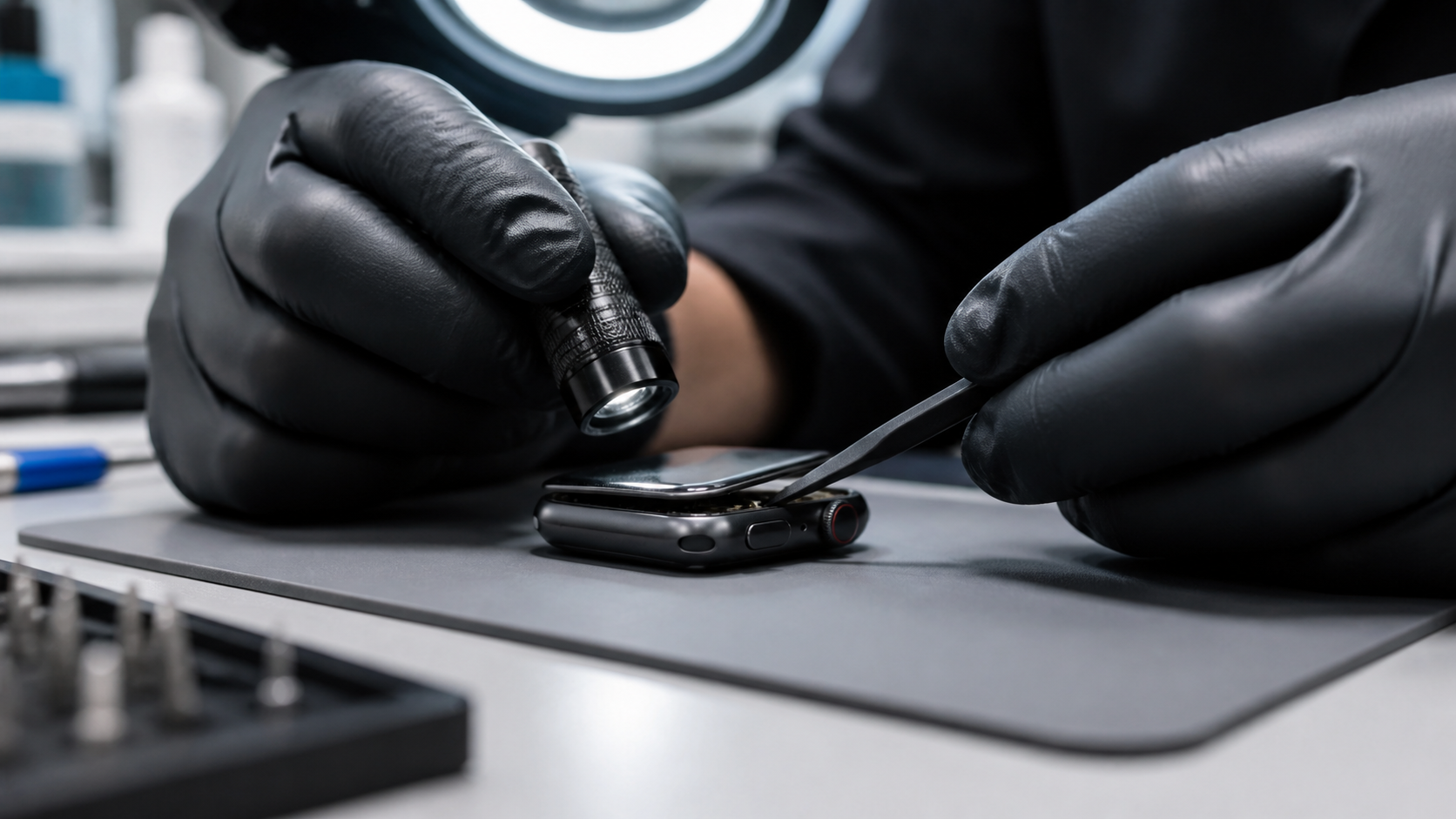 Apple Watch ekran ayrılmasında pil şişmesi ile yapışkan zayıflamasını karşılaştıran tanı görseli