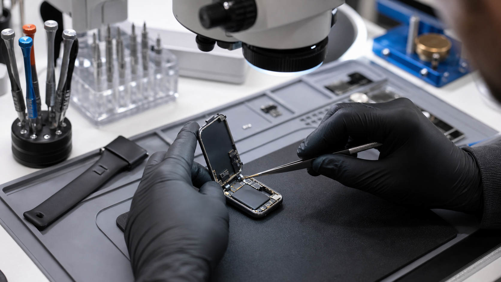 Teknisyenin ekranı açılmış Apple Watch üzerinde pil baskısı, ekran hattı ve oturum kontrolü yaptığı görsel