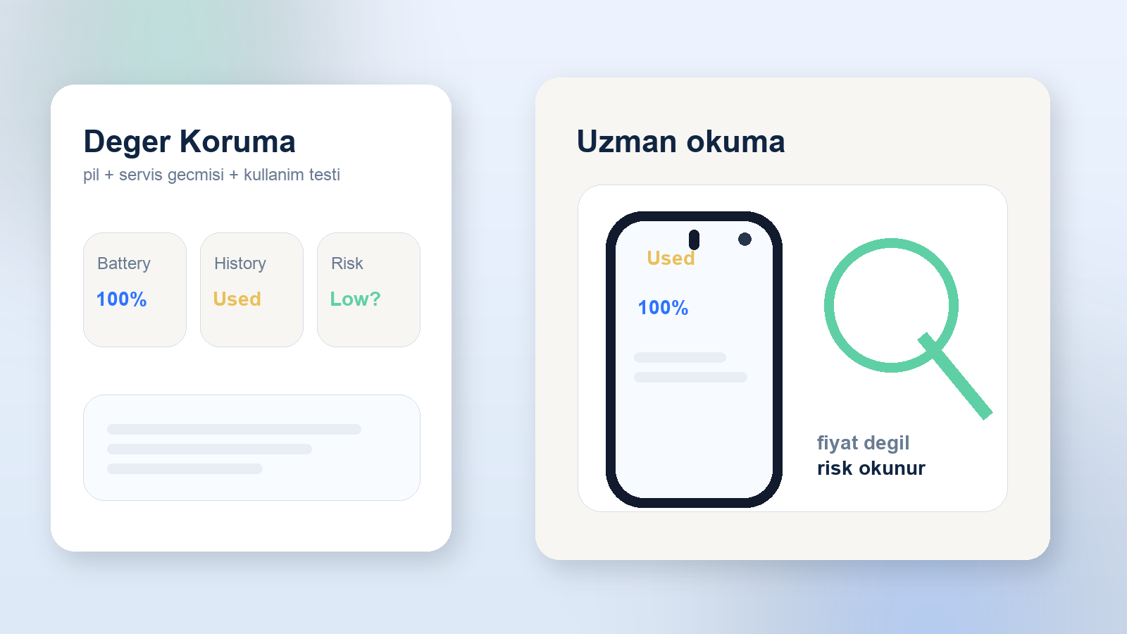 Teknisyenin ikinci el iPhone için pil verisi, servis geçmişi ve kullanım testlerini birlikte değerlendirdiği sahne