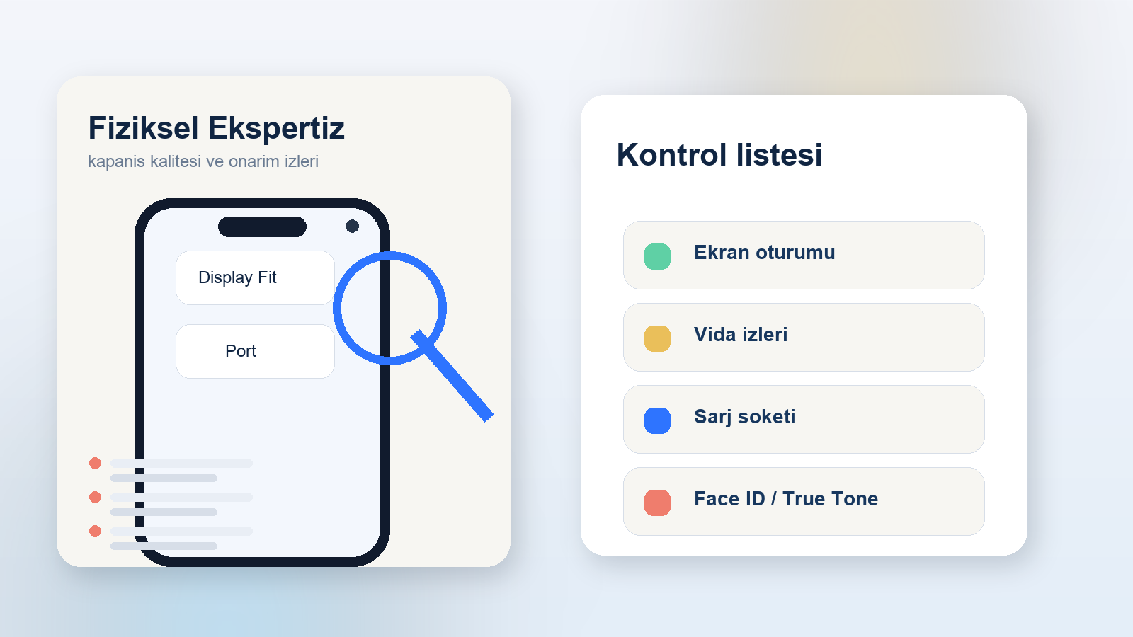 Servis tezgahında ikinci el iPhone'un ekran oturumu, vida izleri ve şarj portu kontrol edilirken