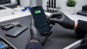 İkinci el iPhone pil sağlığı servis tezgahında profesyonel şekilde kontrol ediliyor