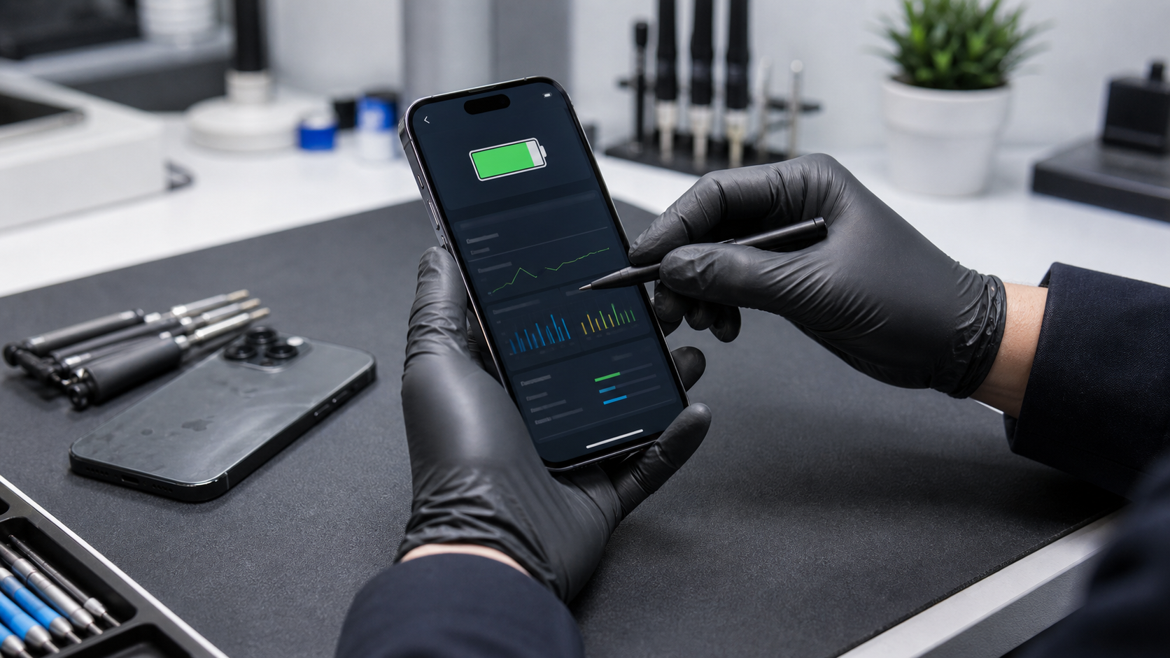 İkinci el iPhone pil sağlığı servis tezgahında profesyonel şekilde kontrol ediliyor