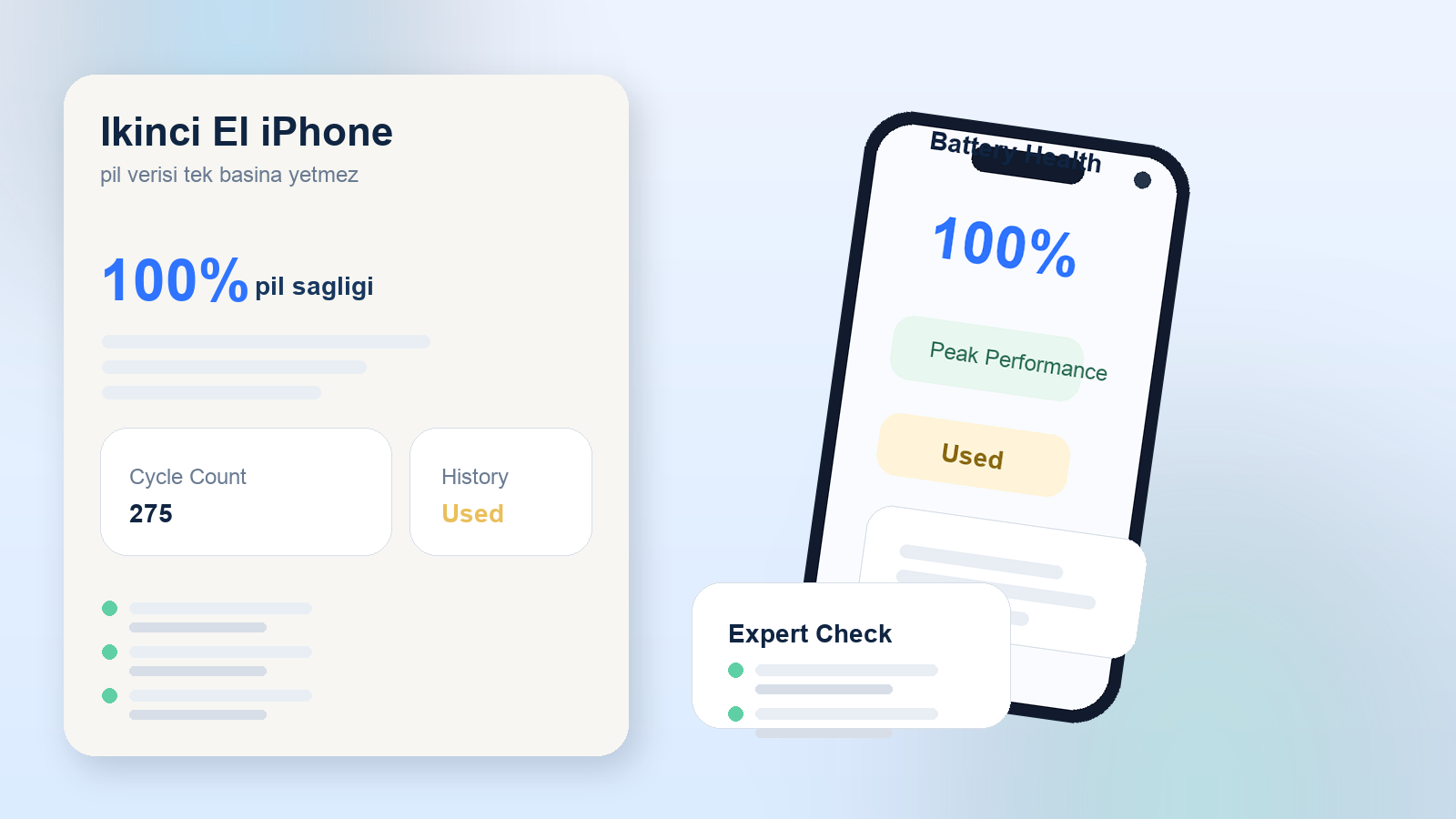 İkinci el iPhone inceleyen kullanıcının pil sağlığı ve servis geçmişi kontrolü yaptığı sahne