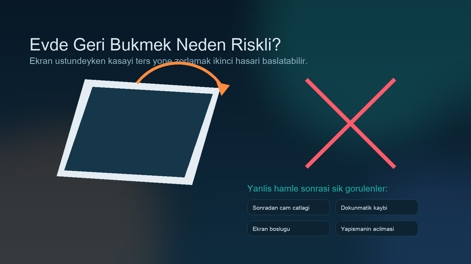 Evde elle düzeltmeye çalışılan iPad’de ekran çatlama ve kasa baskısı riskini anlatan uyarı görseli
