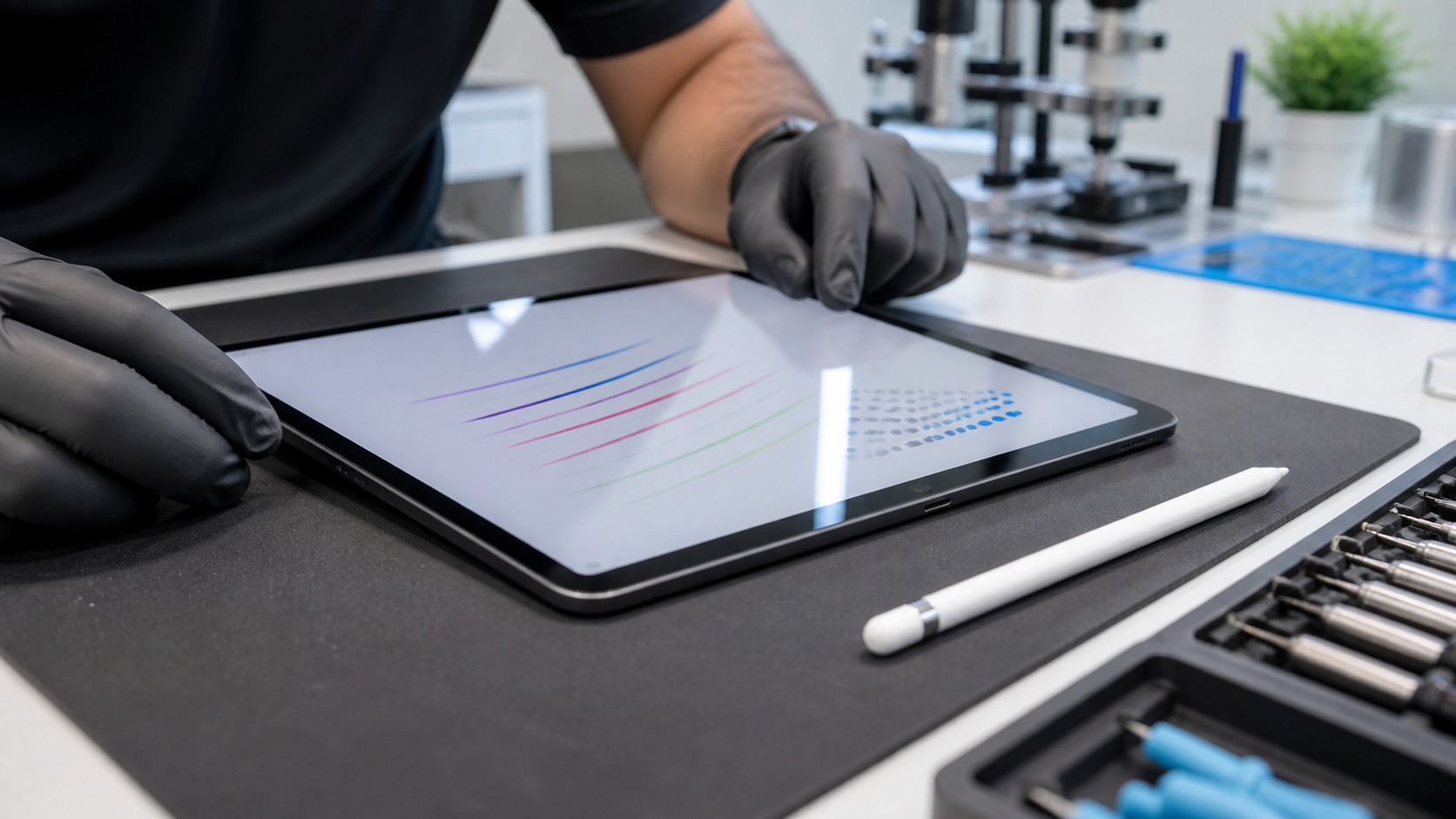 Apple Pencil çizgisinin belirli bölgede kesildiğini ve dokunmatik ölü alanları anlatan görsel