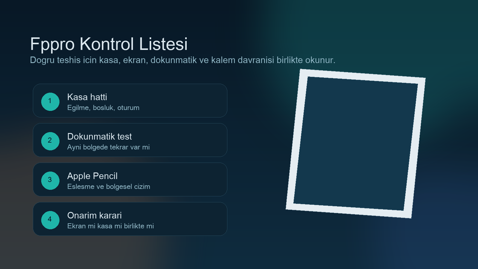 Teknisyenin eğilmiş iPad’de kasa hattı, ekran oturumu, dokunmatik ve Apple Pencil testlerini birlikte yaptığı görsel