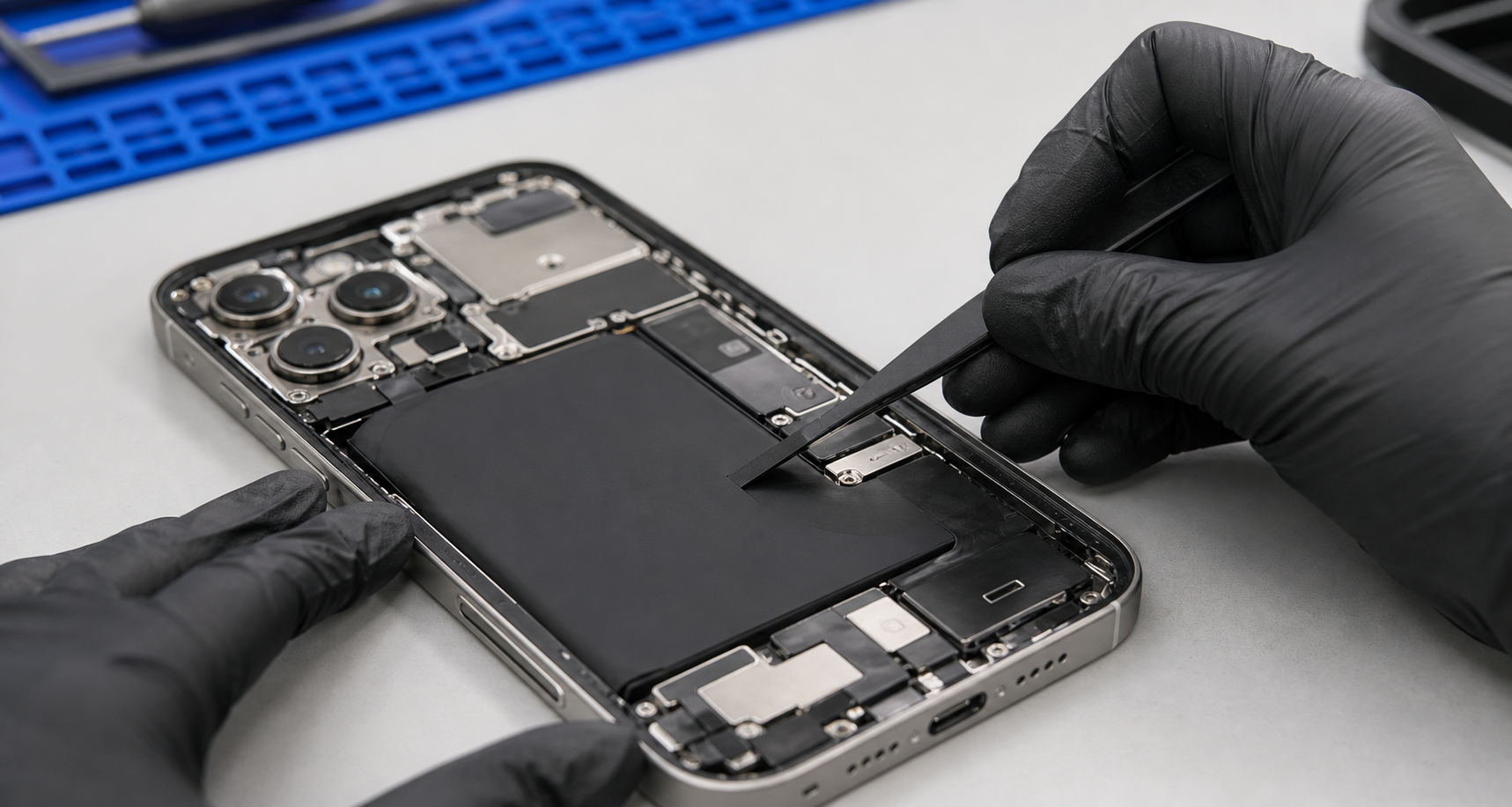 Açılmış iPhone 15 Pro Max üzerinde pil ve yapışkan hatlarını kontrol eden teknisyen