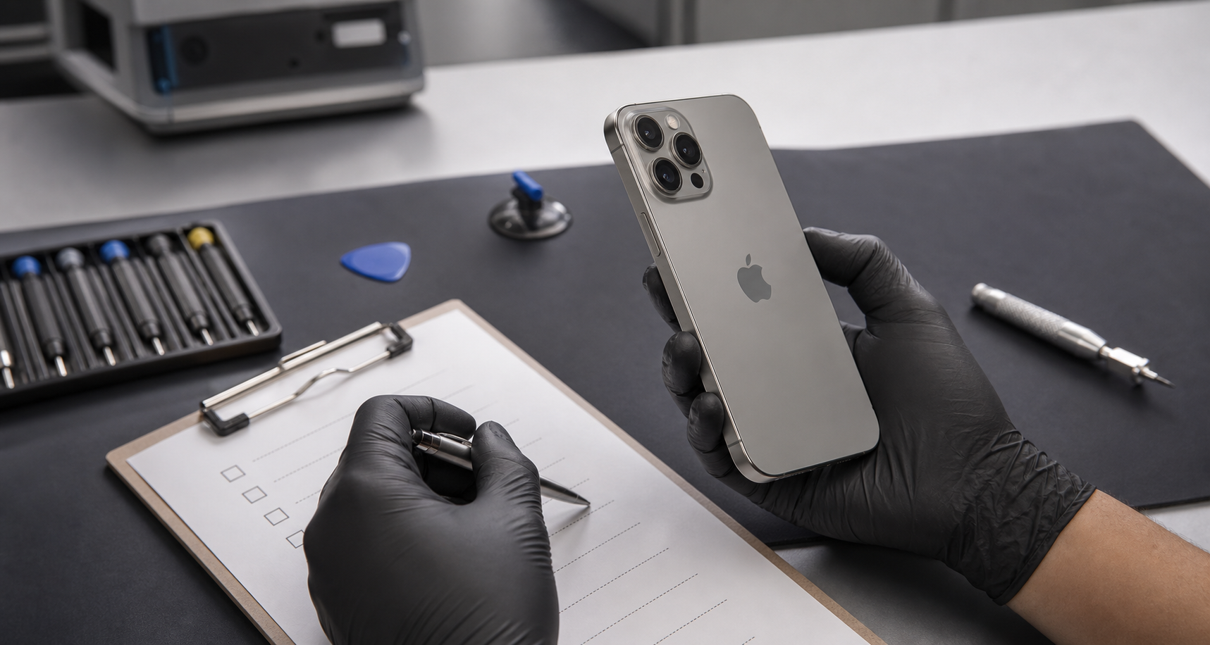 Tamir sonrası kalite kontrol formu ile incelenen iPhone 15 Pro Max