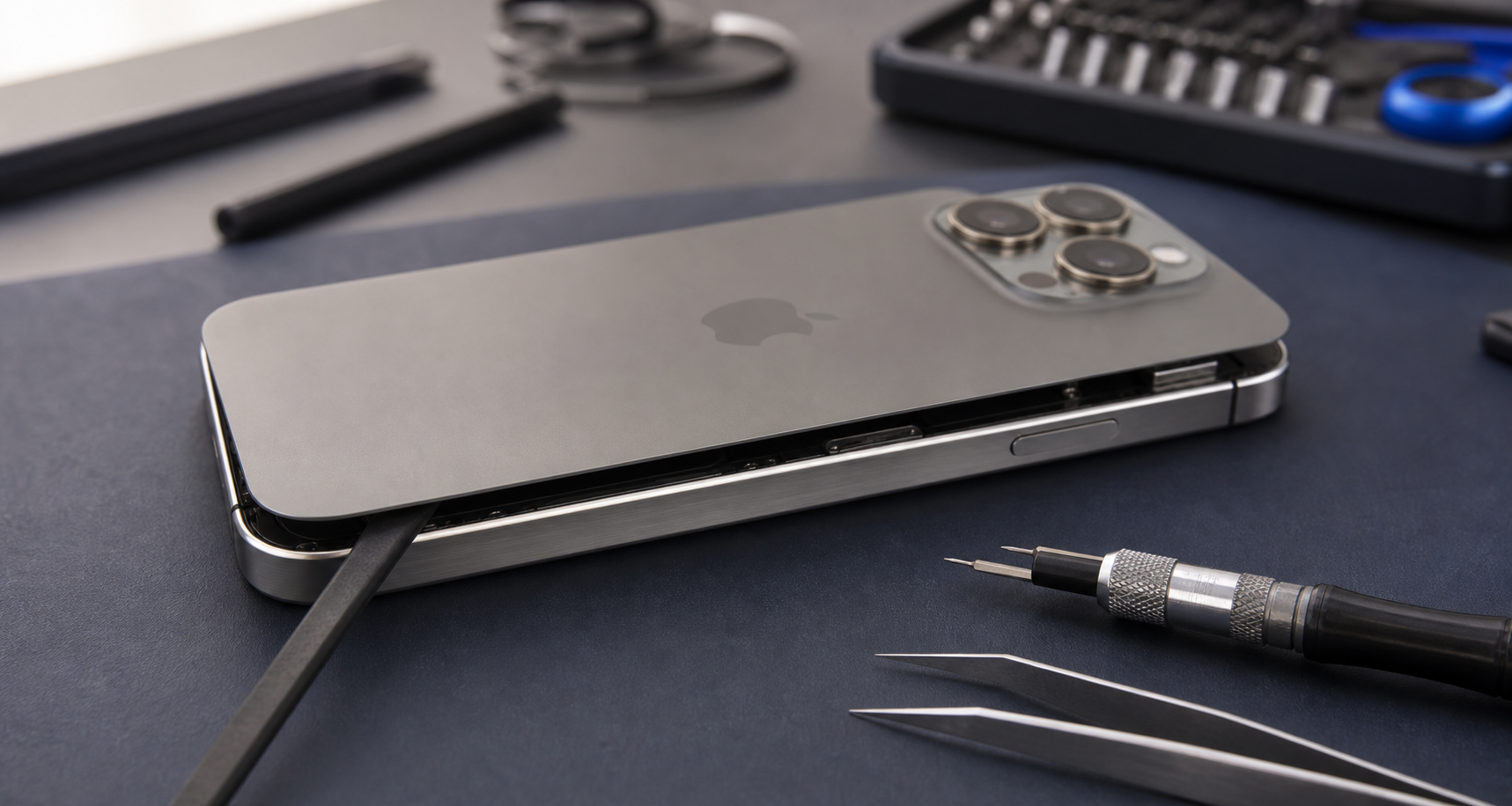 Köşesinden arka camı kalkmış iPhone 15 Pro Max servis tezgahında