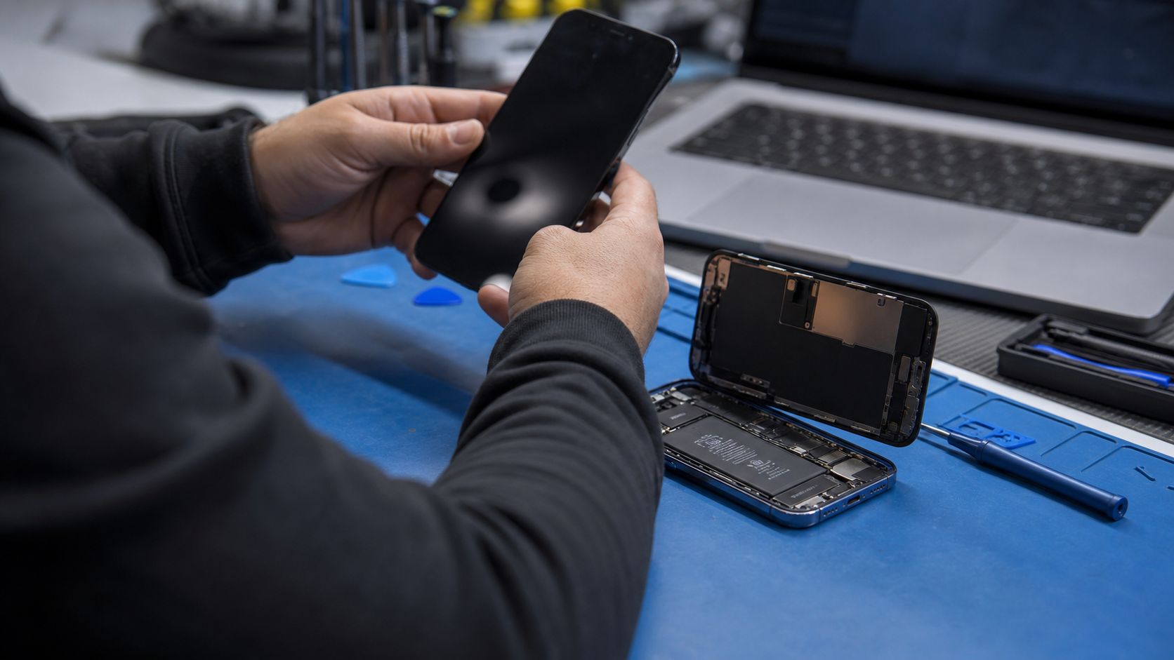 Servis tezgahında açılmış iPhone 15 ile post-repair kontrol ve doğrulama sürecini gösteren gerçekçi teknik servis görseli
