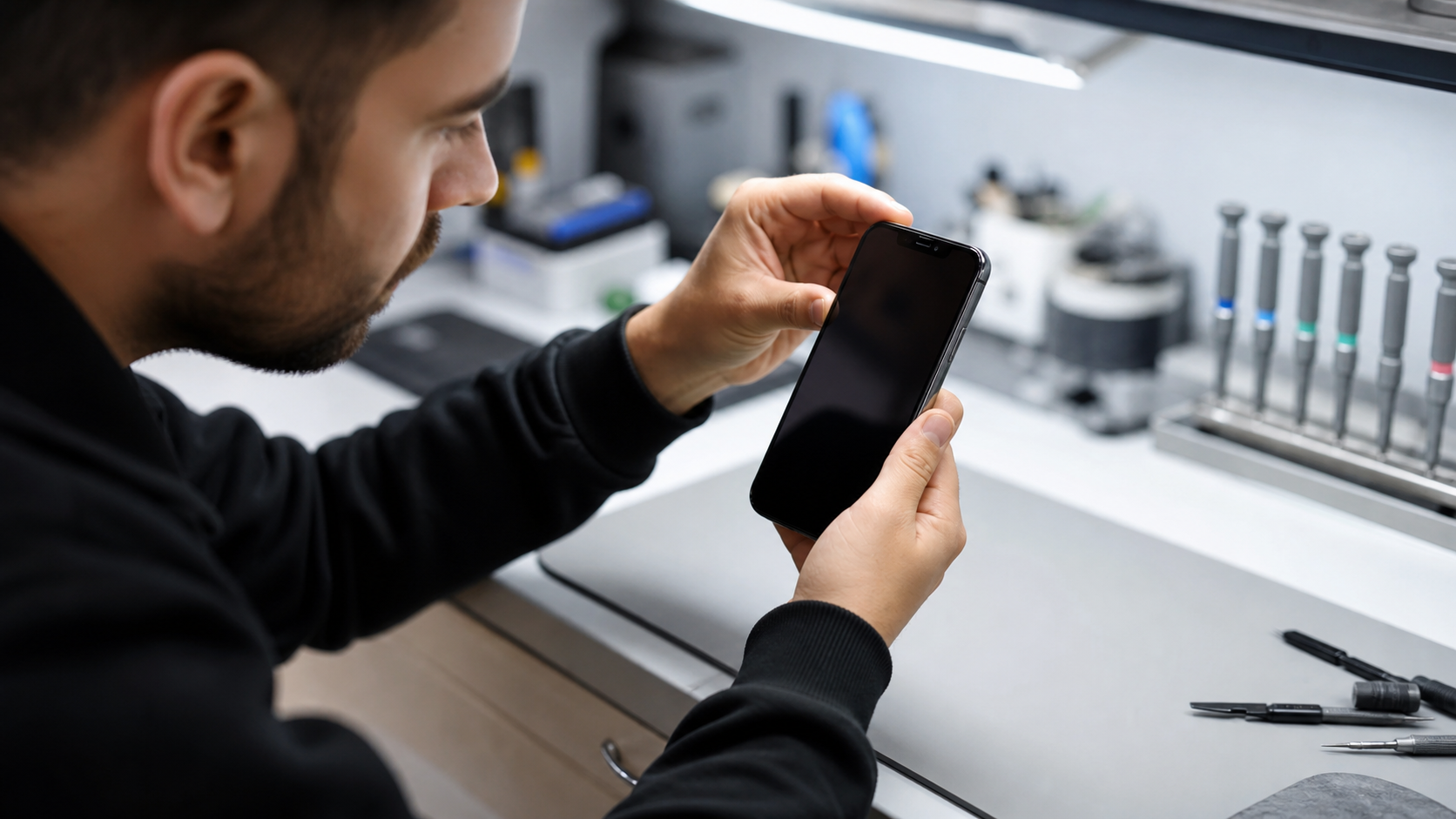 Teknisyenin toplanmış iPhone 15 cihazında üst kamera hizası ve son kalite kontrolünü yaptığı profesyonel servis sahnesi