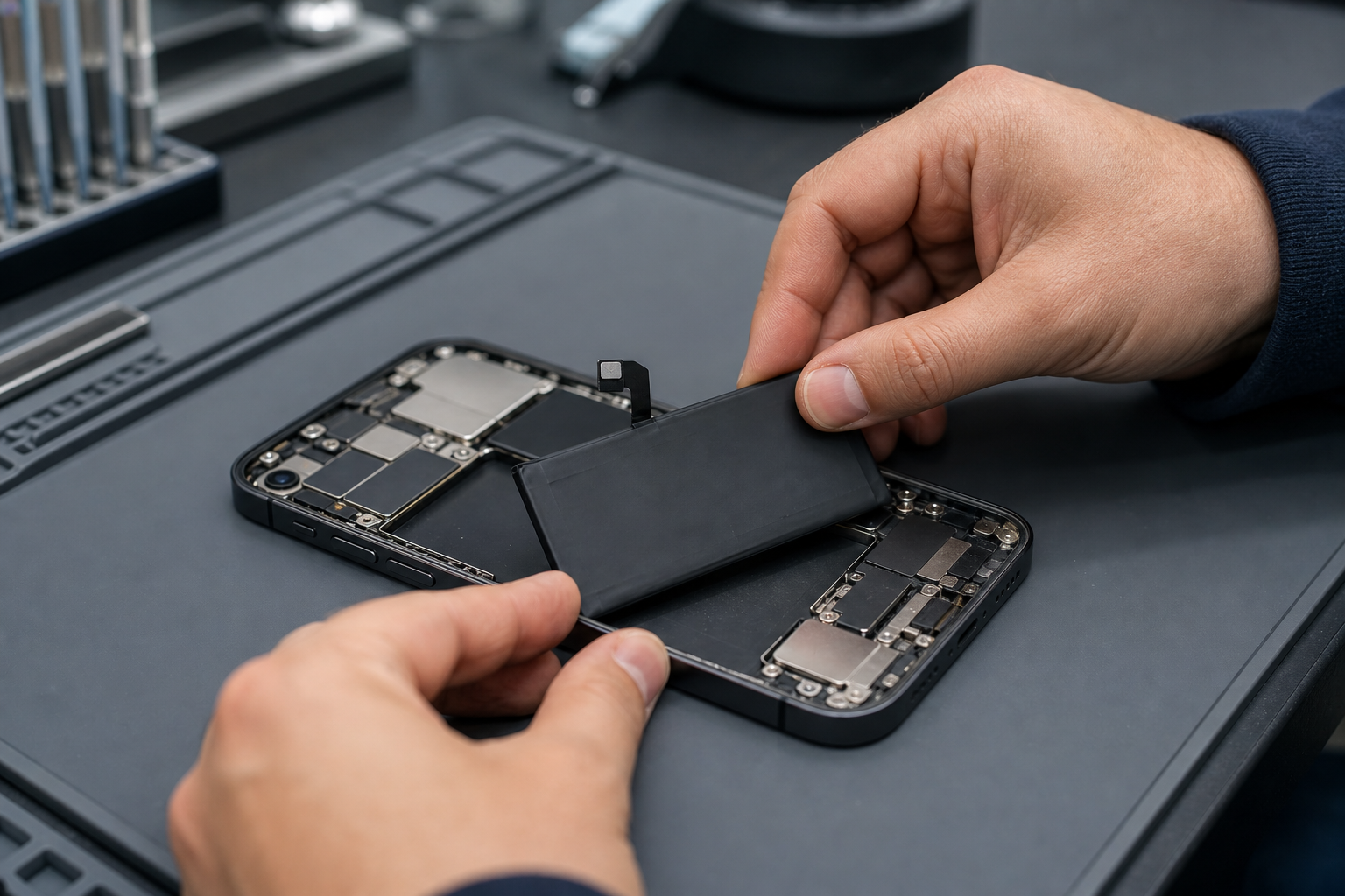Yakın planda bataryası kontrollü şekilde kaldırılan iPhone 16 benzeri cihaz ve gerçekçi teknisyen elleri
