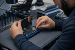 Servis tezgahında açılmış iPhone 16 benzeri cihaz üzerinde pil değişimi hazırlığı yapan teknisyen