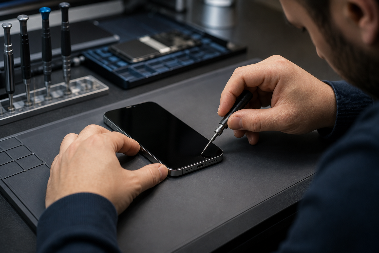 Toplanmış iPhone 16 benzeri cihaz üzerinde son kalite kontrol yapan profesyonel teknik servis sahnesi
