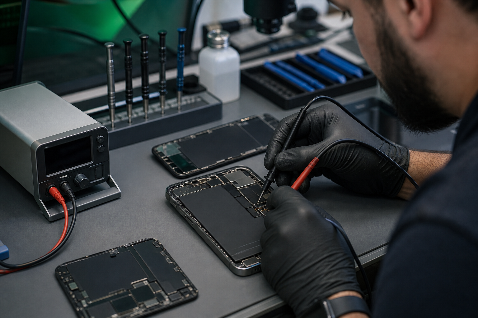 Servis tezgahında pil devresi ve anakart bölgesinde dikkatli diagnostik ölçüm yapan teknisyen