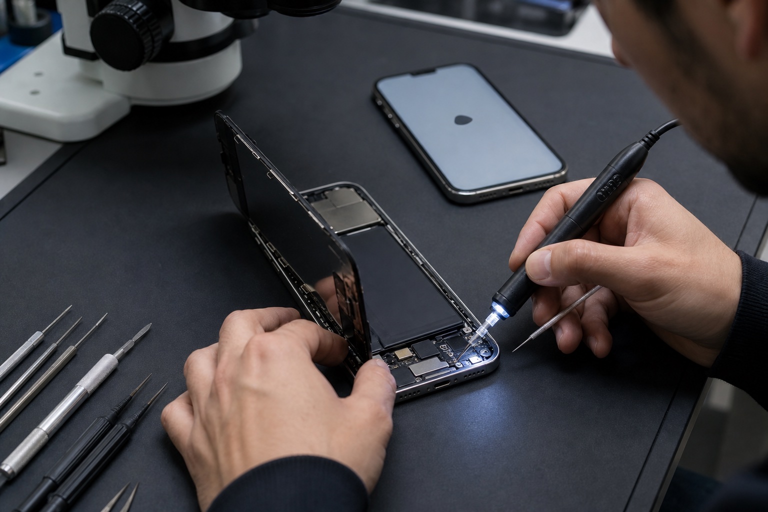 Yakın planda iPhone ve bağlantı hattı diagnostik kontrolü