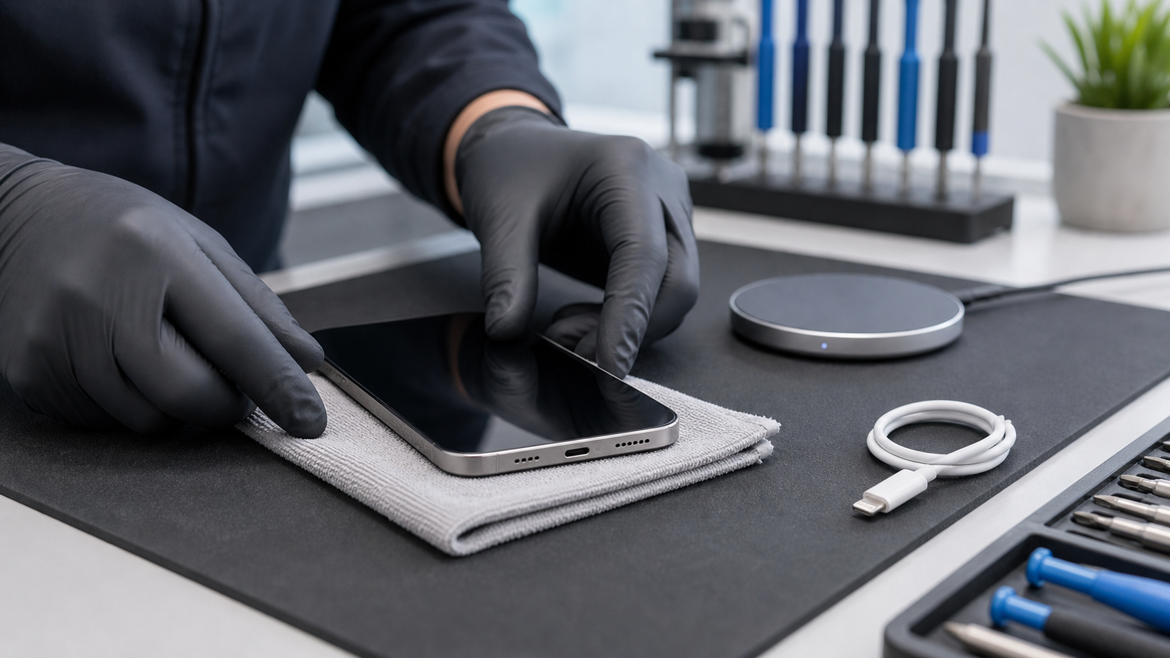 Sıvı uyarısından sonra iPhone kabloya takılmadan güvenli şekilde servis matında bekletiliyor