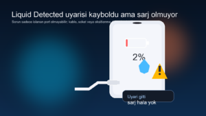 Liquid Detected uyarısı kaybolduğu halde düşük pilde kalan iPhone illüstrasyonu
