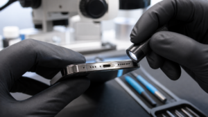 Liquid Detected uyarısı sonrası iPhone şarj portu servis tezgahında inceleniyor