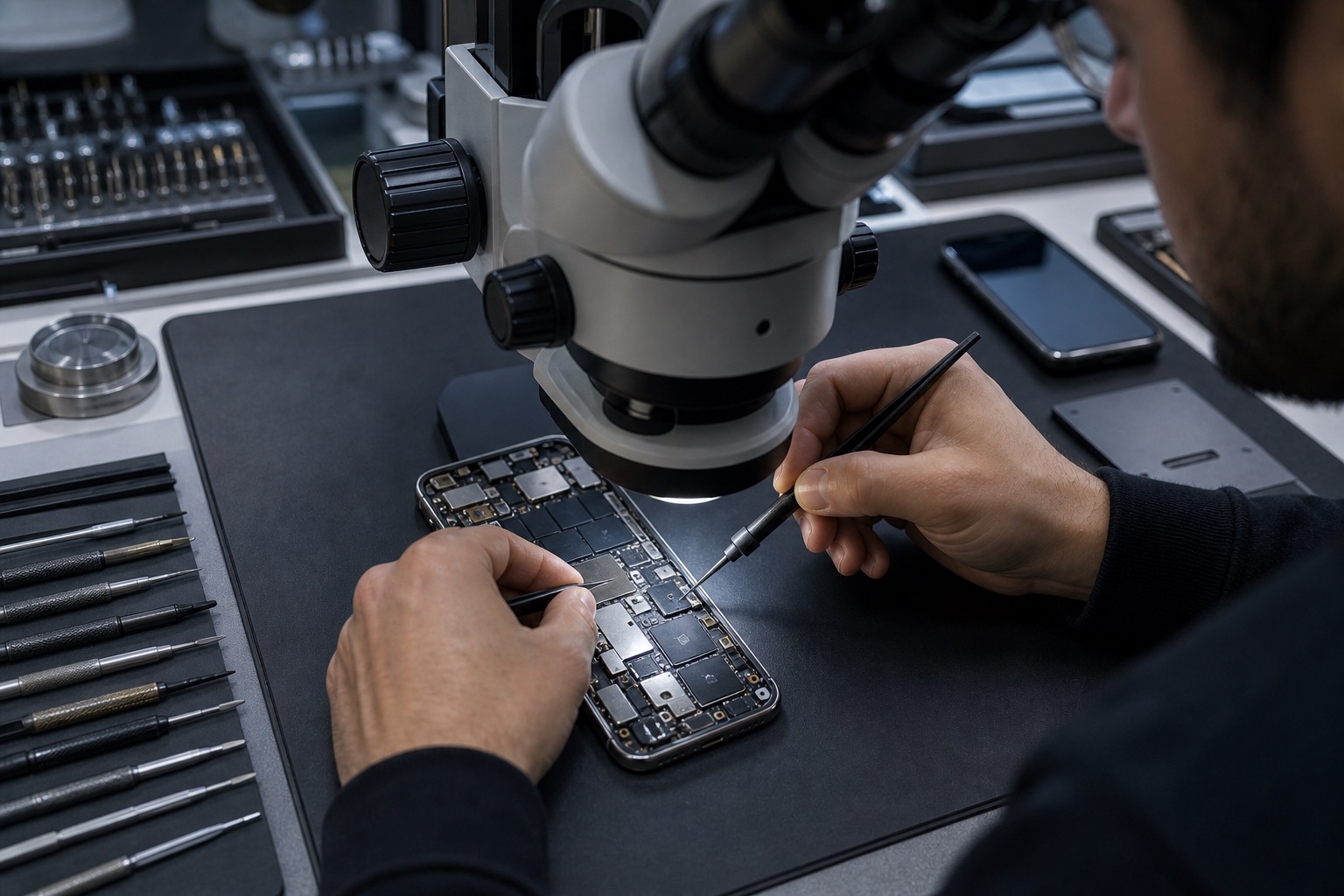 Teknisyen iPhone anakart ve hafıza hattını profesyonel ekipmanla inceliyor