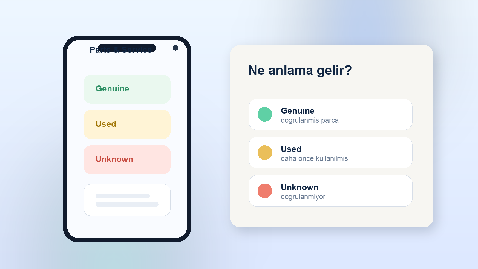 Ayarlar ekranında Genuine, Used ve Unknown pil senaryolarını çağrıştıran yakın plan iPhone görseli