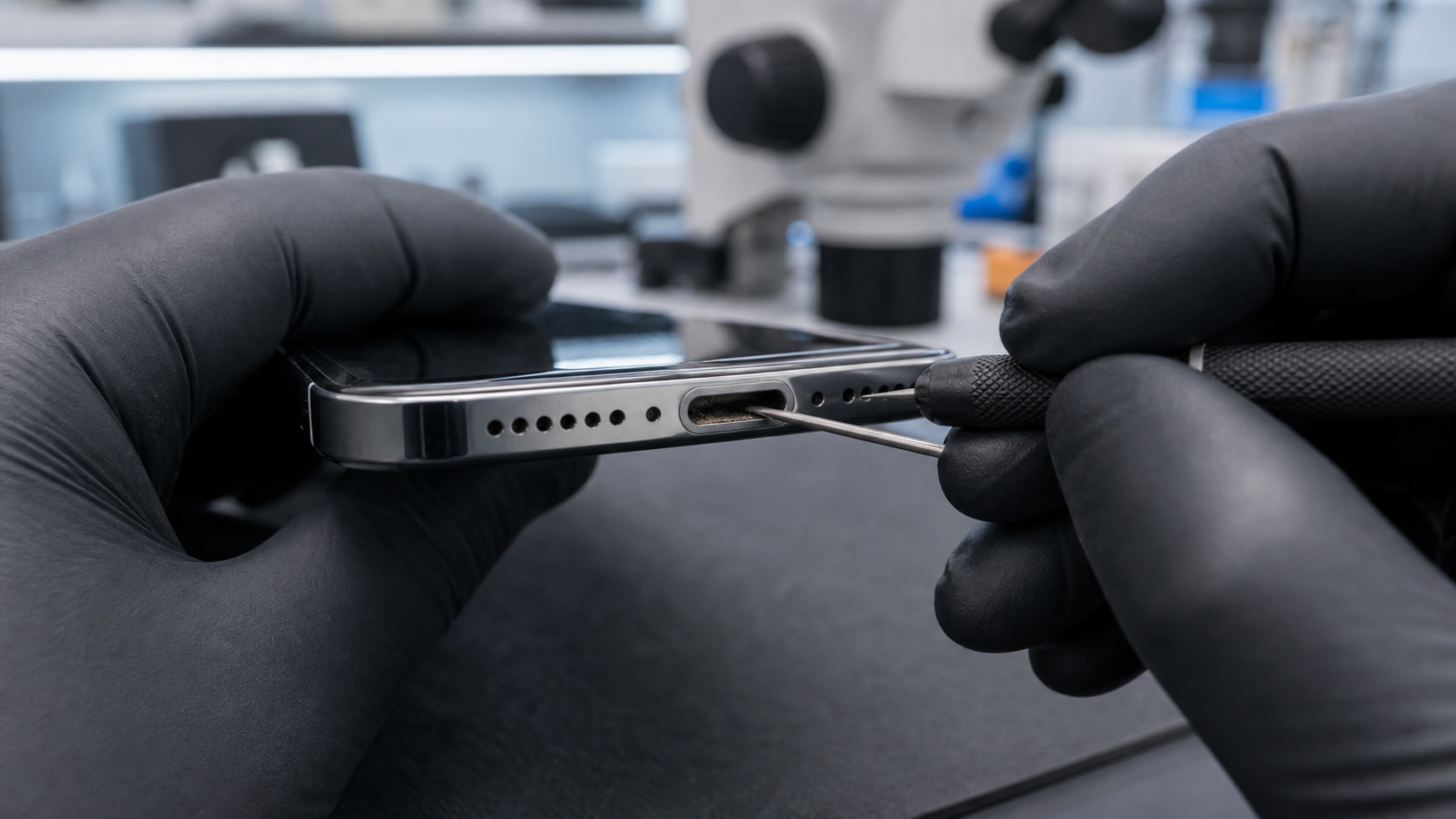 iPhone şarj portu yakın planda ışık ve hassas ekipmanla korozyon açısından kontrol ediliyor