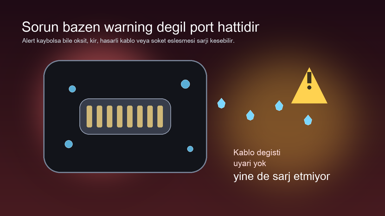 Yakın plan şarj portu ve nem-korozyon kontrolü illüstrasyonu