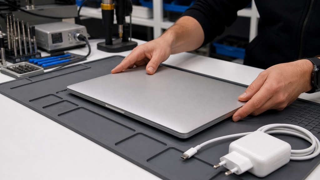 Servis tezgâhında kapalı MacBook ve adaptör ile teslim hazırlığını anlatan temsili görsel