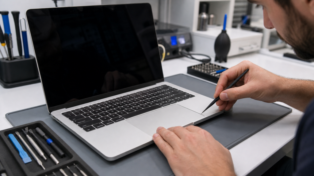 MacBook kasa ve trackpad çevresinde servis incelemesini anlatan temsili görsel