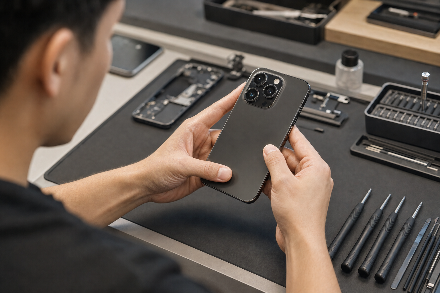 Kalite kontrol sırasında ikinci el iPhone'u elinde inceleyen teknisyen