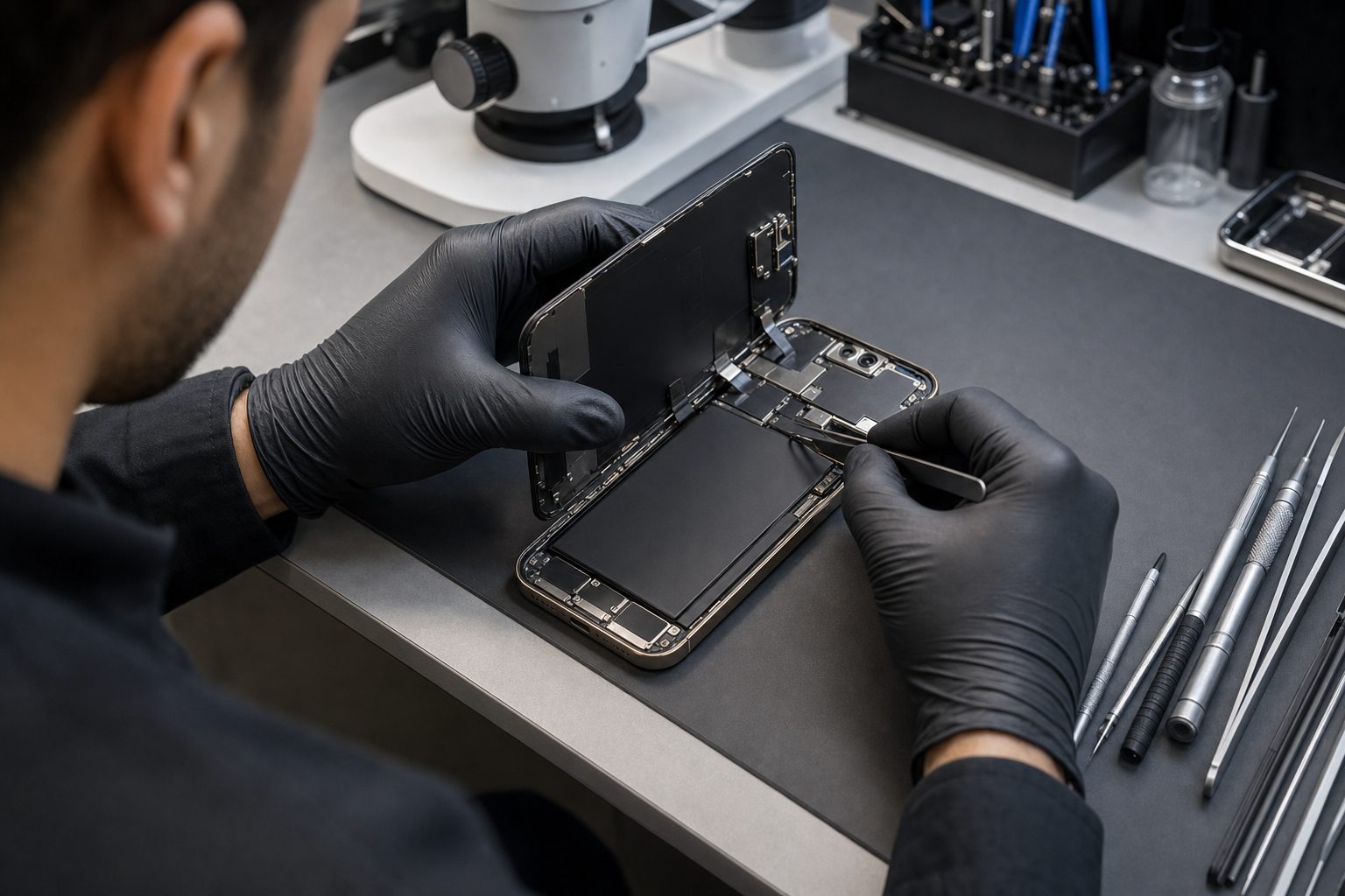 Açılmış iPhone içinde connector ve flex alanını dikkatle kontrol eden teknisyen