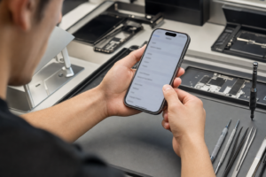 Temiz servis tezgahında ikinci el iPhone'un servis geçmişi ekranını kontrol eden teknisyen