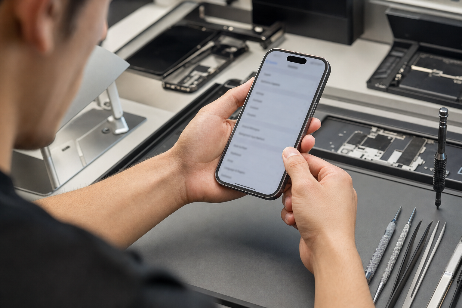 Temiz servis tezgahında ikinci el iPhone'un servis geçmişi ekranını kontrol eden teknisyen
