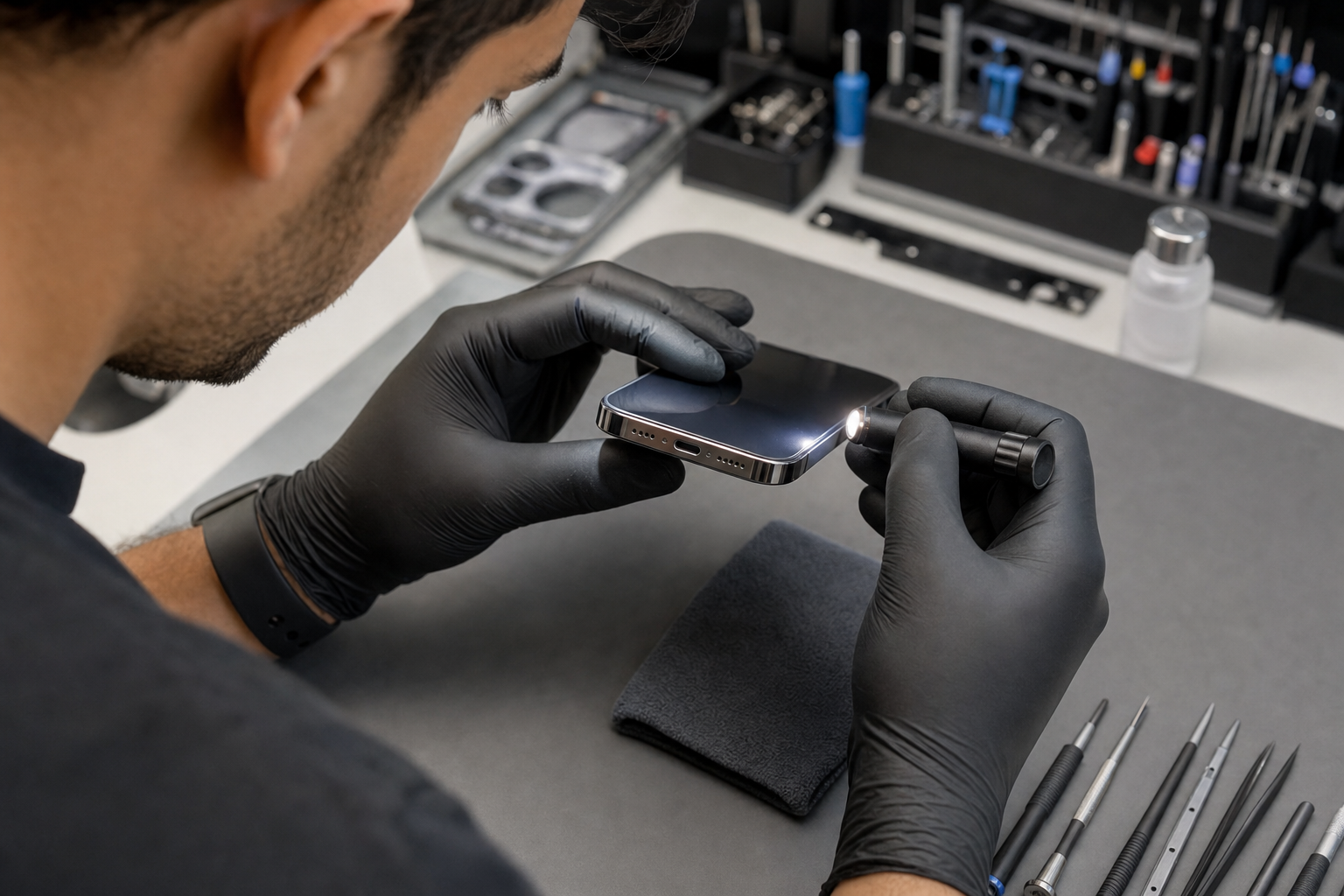 İkinci el iPhone'un şarj portu ve kasa hizasını ışıkla kontrol eden teknisyen