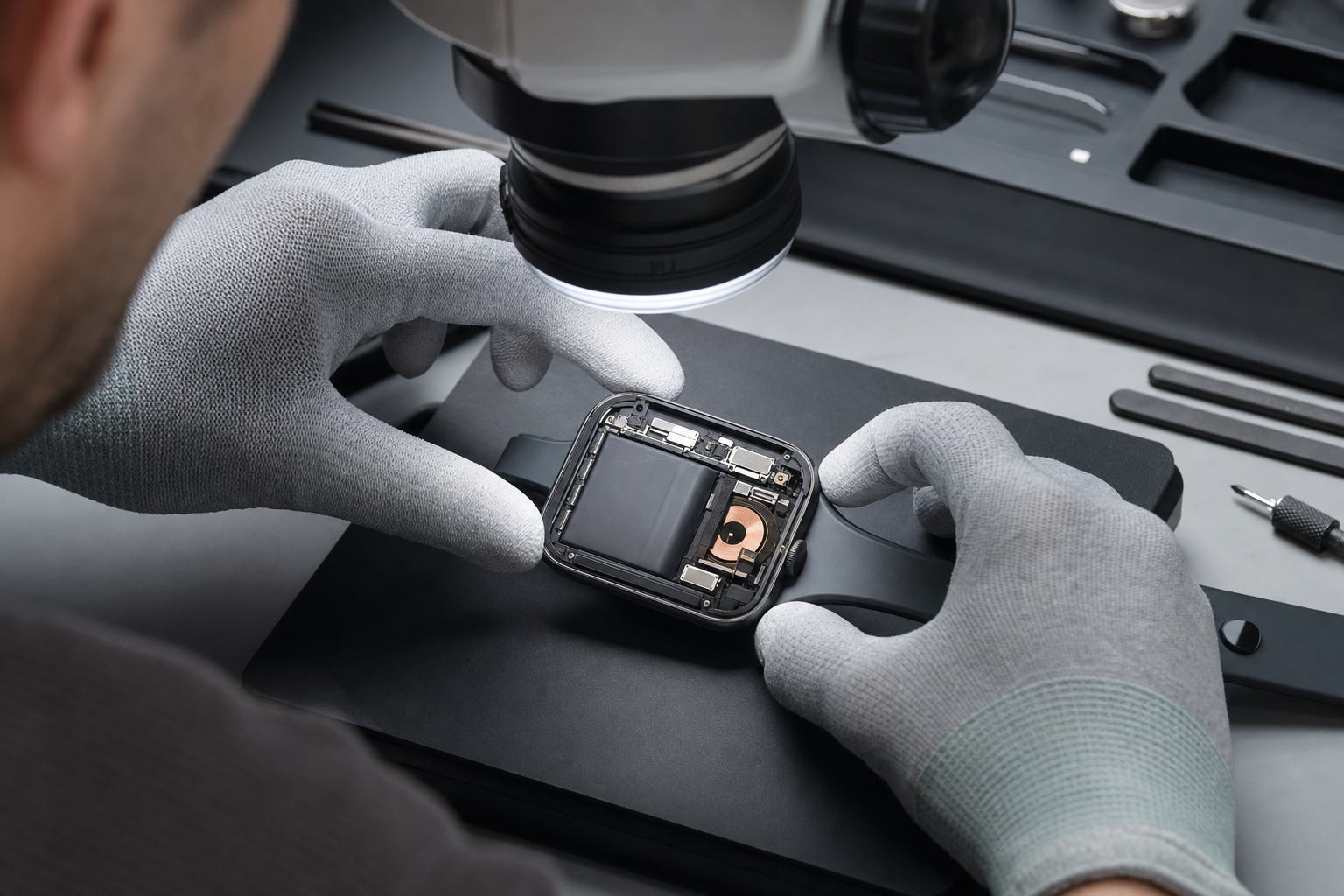 Teknisyenin ESD güvenlikli tezgahta Apple Watch güç hattını ölçmesi