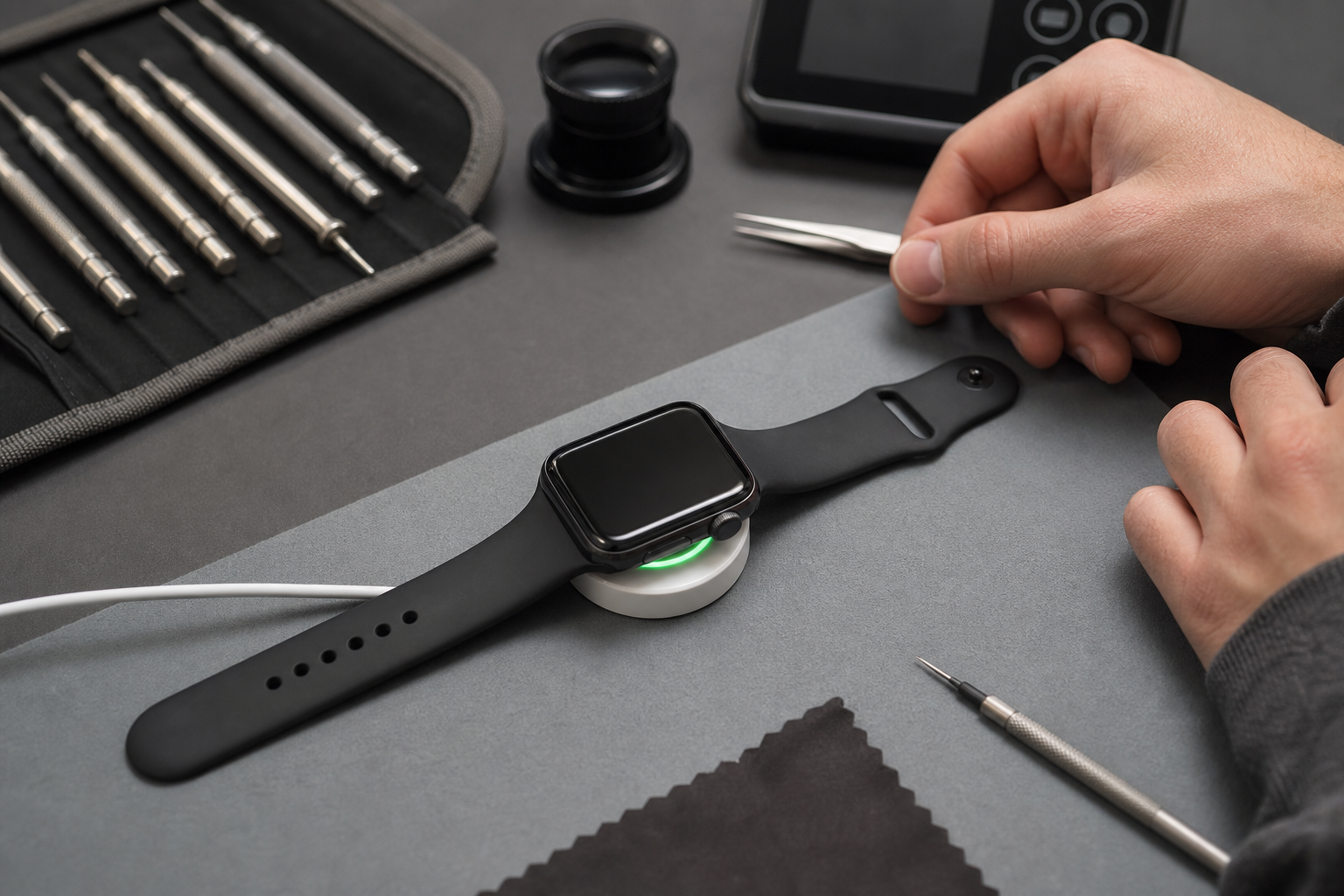 Manyetik şarj pedinde kontrol edilen Apple Watch