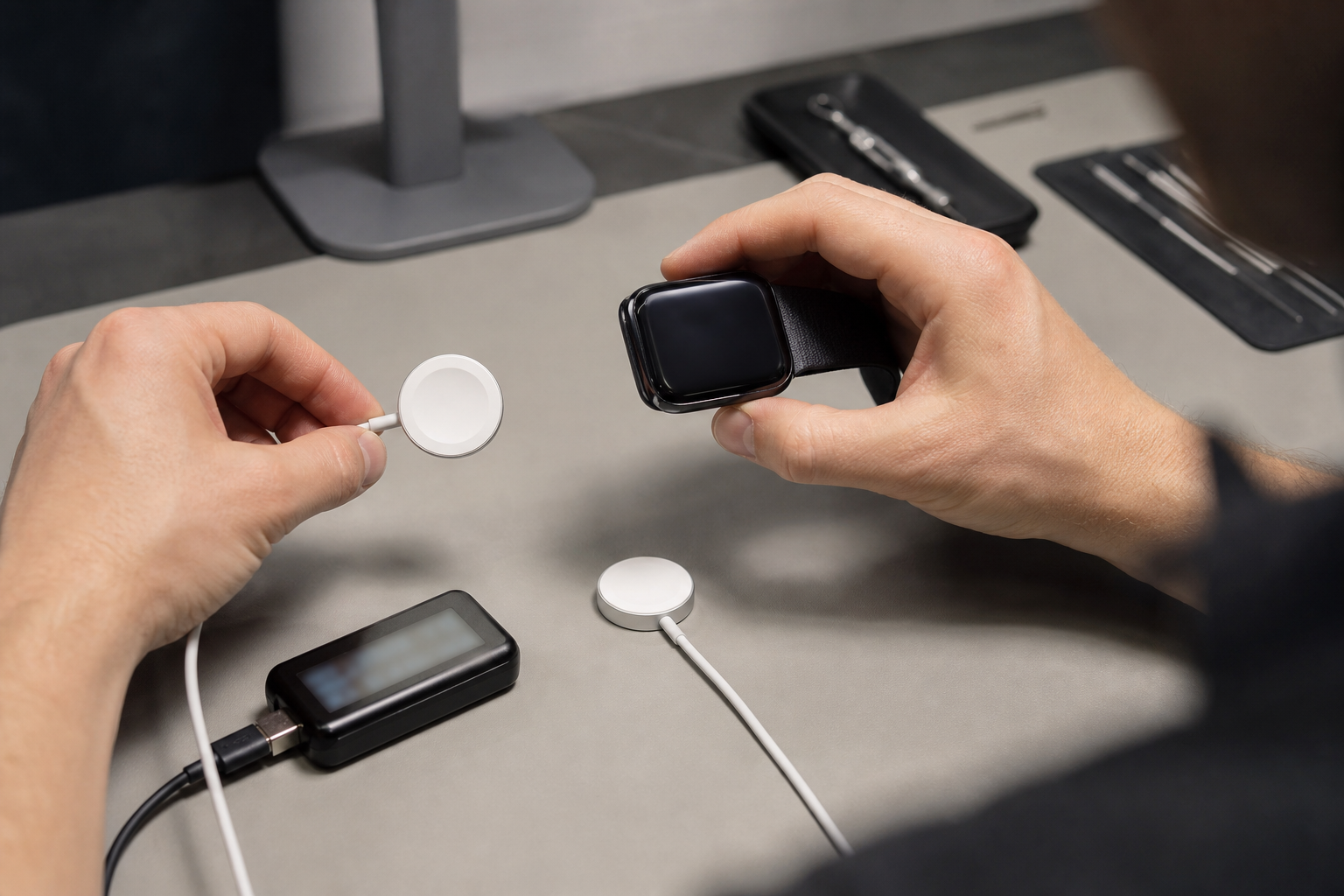Apple Watch, manyetik şarj pedi ve güç adaptörünün kontrollü karşılaştırması