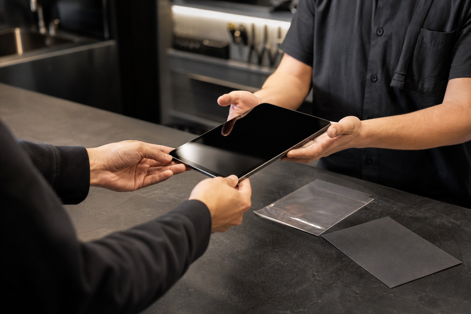 Teşhis için teslim alınmaya hazır iPad ve düzenli servis kabul masası