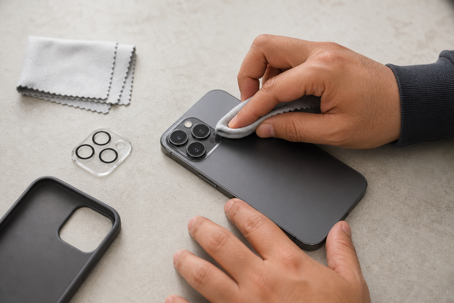 Mikrofiber bez, çıkarılmış kamera koruyucu ve kılıfla güvenli iPhone kamera kontrolü