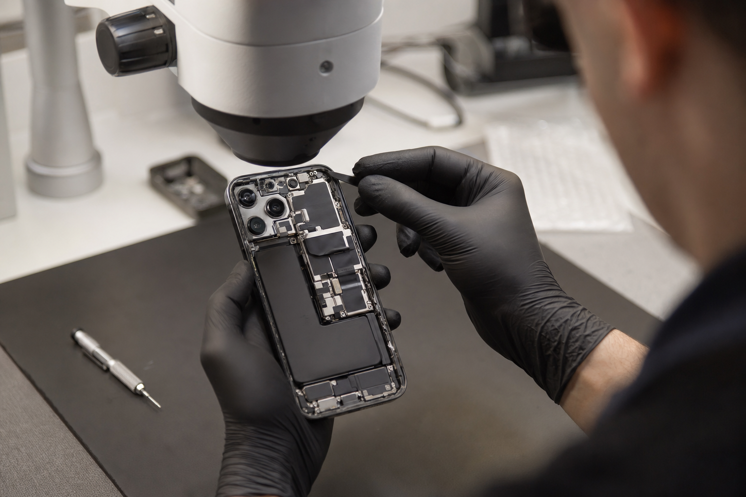 ESD korumalı servis tezgâhında iPhone arka kamera modülünü inceleyen teknisyen