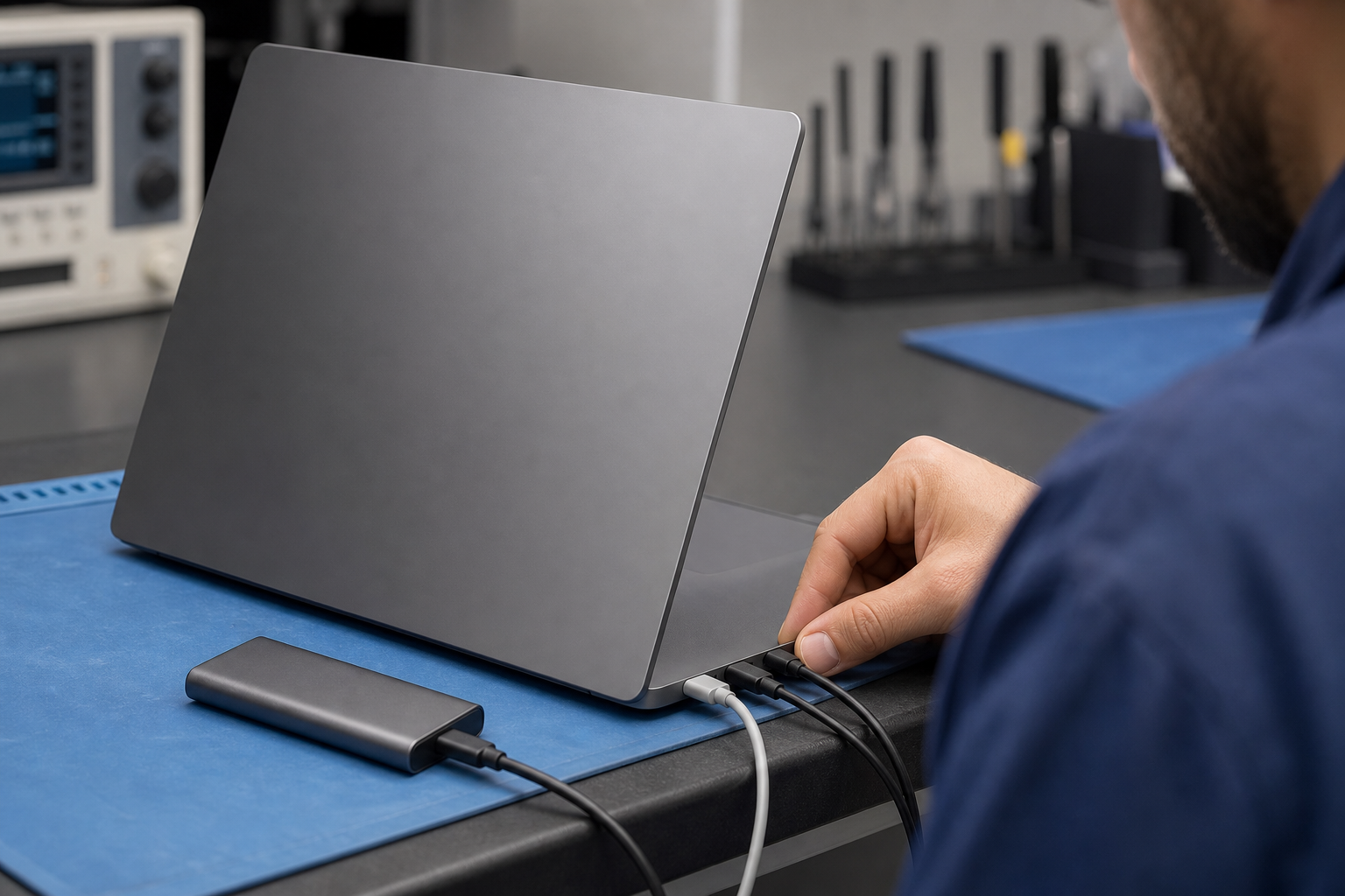 MacBook benzeri bilgisayarda iki USB-C kabloyla güvenli çapraz test hazırlığı