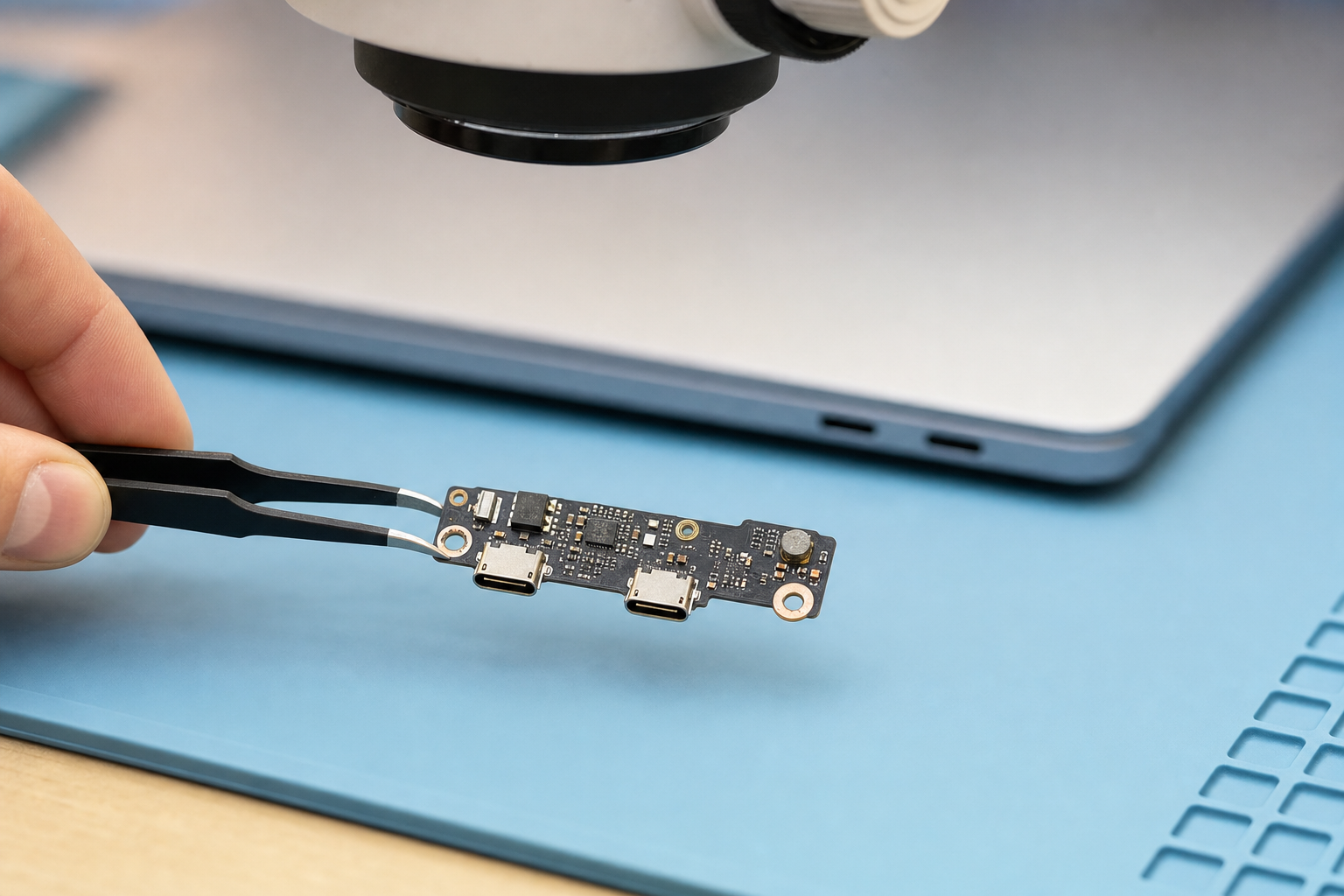 USB-C CC hatları ve güç yönetimi devreleri ölçülen MacBook benzeri mantık kartı