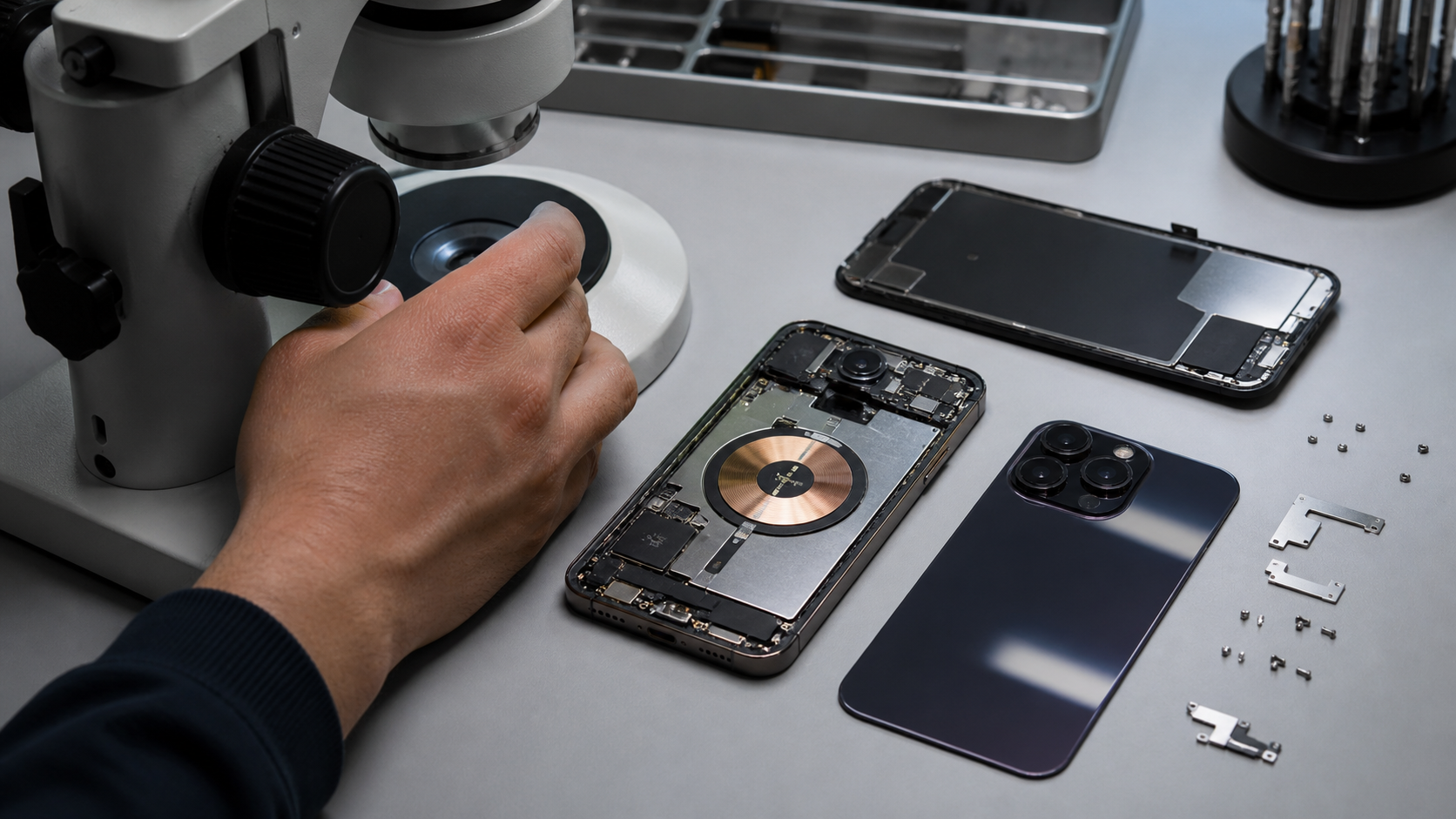 iPhone 14 Pro Max arka cam, orta kasa, kablosuz şarj bobini ve iç bileşen hizası diagnostik kontrolü