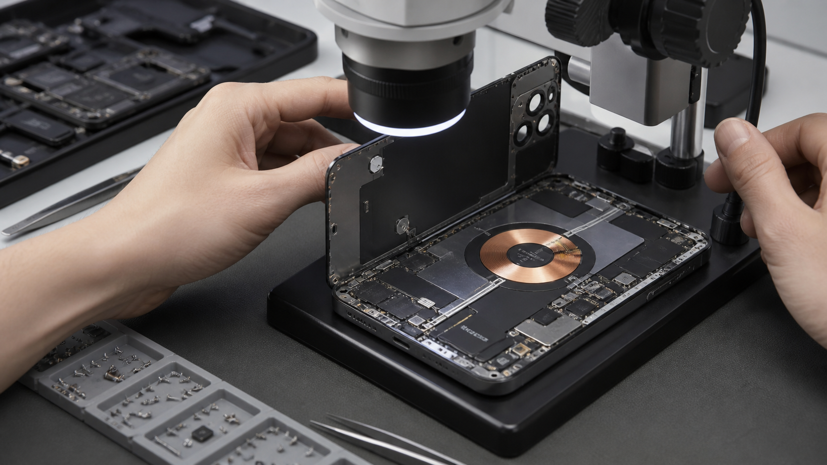 iPhone 15 Pro Max arka cam, orta kasa, kablosuz şarj bobini ve iç bileşen hizası diagnostik kontrolü