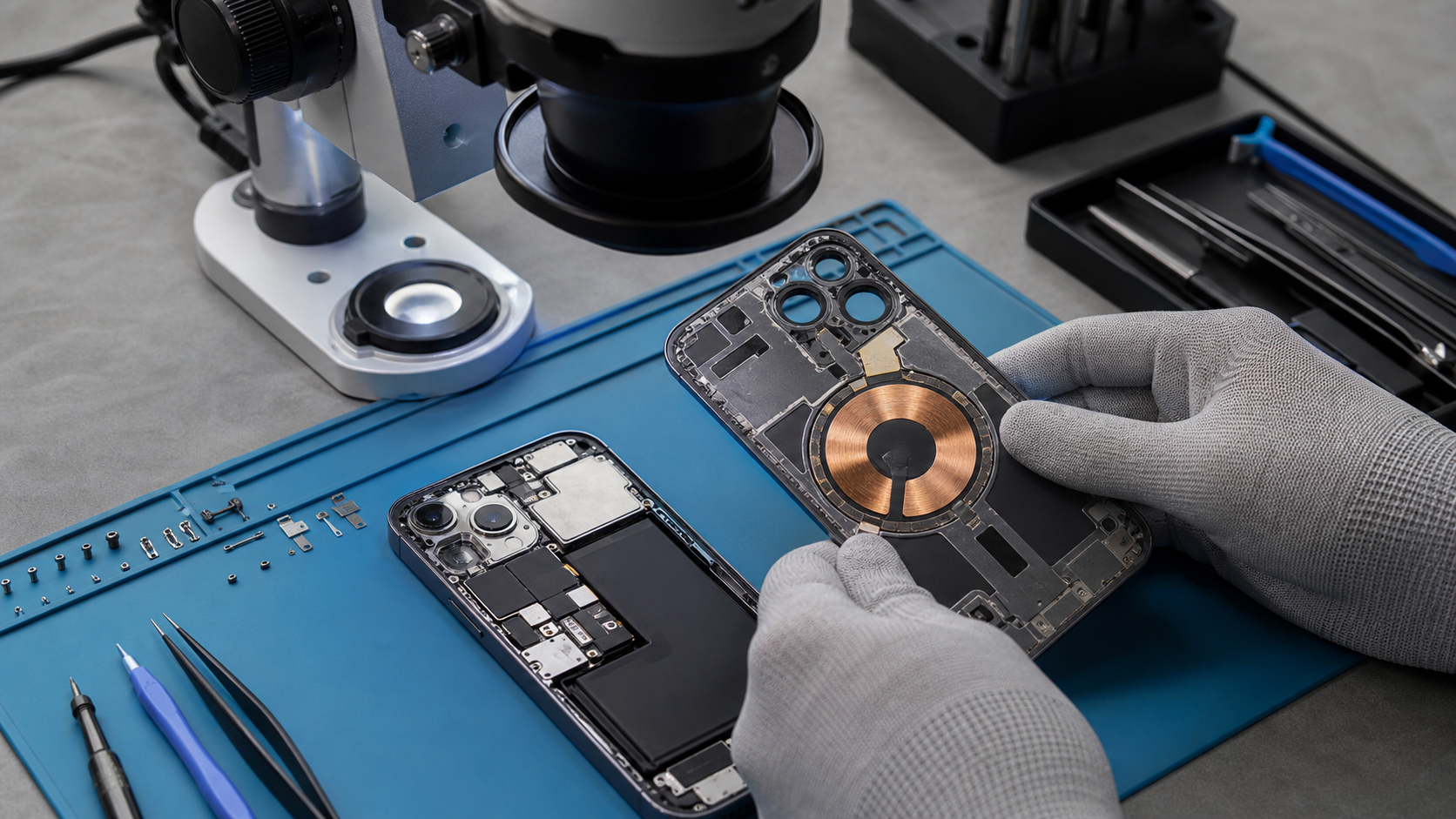 iPhone 16 kablosuz şarj bobini, mıknatıs halkası, flex ve kasa hizası diagnostik kontrolü