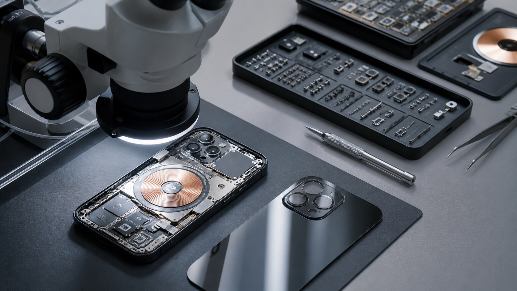 iPhone 17 Pro Max arka cam, orta kasa, kablosuz şarj bobini ve iç bileşen hizası diagnostik kontrolü
