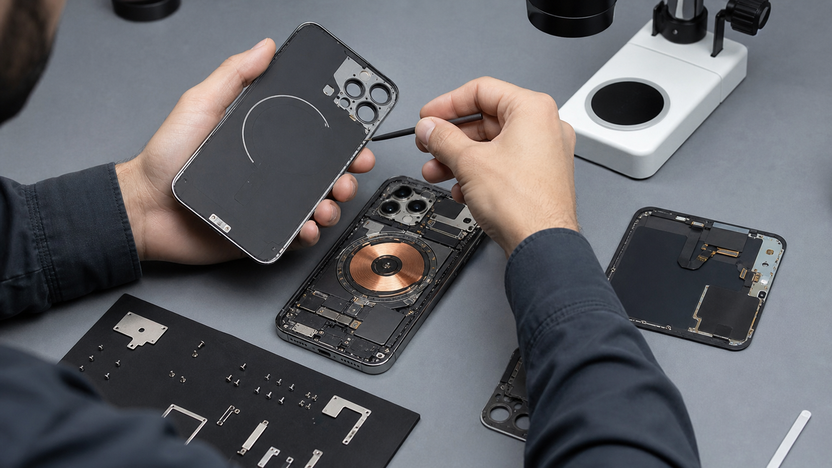 iPhone 18 Pro Max arka cam, orta kasa, kablosuz şarj bobini ve iç bileşen hizası diagnostik kontrolü