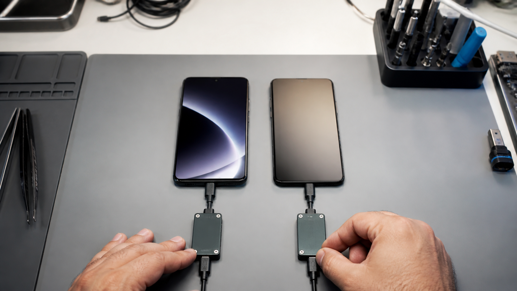 Sağlam iki kablo ve adaptörle açık-kapalı iPhone şarj davranışı karşılaştırılırken